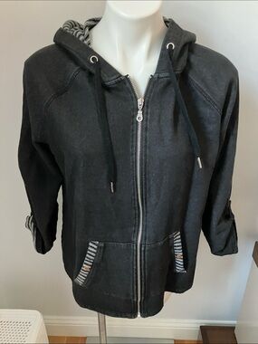 Charcoal Hooded Zip Jacket with Striped Knit Lining